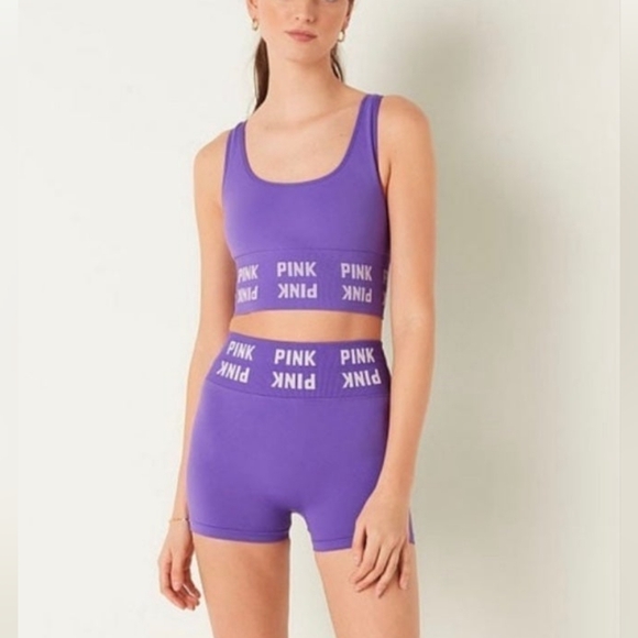 PINK Victoria’s Secret Set High Rise Biker Shorts Sports Bra L Purple Passion - Picture 1 of 8